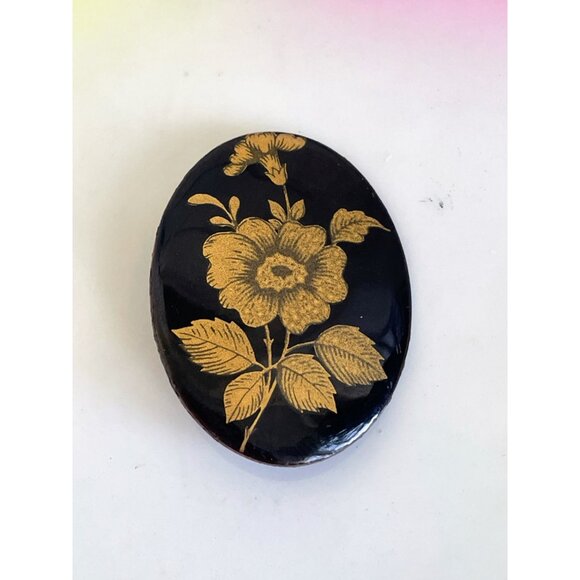 Vintage 1950s Black Enamel Copper Brooch With Gold Flower - Picture 3 of 6